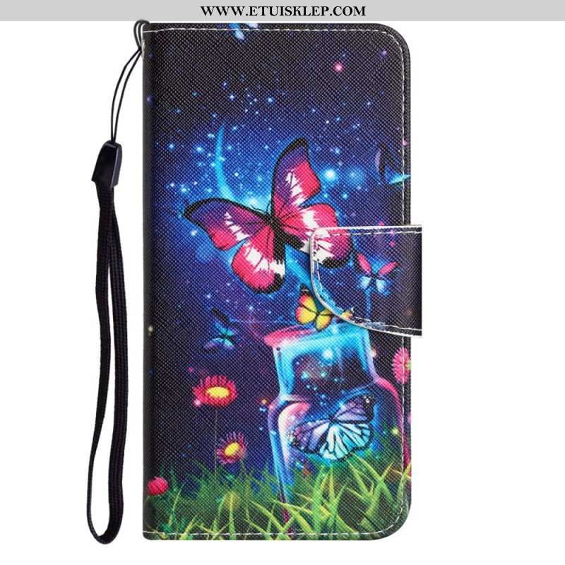 Etui Folio do iPhone 15 z Łańcuch Magiczne Motyle Ze Smyczką